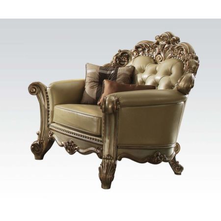 ACME Vendome Chair W/2 Pillows Bone Synthetic Leather & Gold Patina Finish