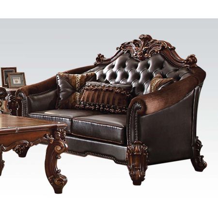 ACME Vendome II Loveseat W/3 Pillows Two Tone Dark Brown Synthetic Leather & Cherry Finish