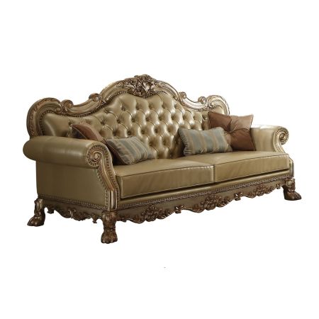 ACME Dresden Sofa W/4 Pillows Bone Synthetic Leather & Gold Patina Finish