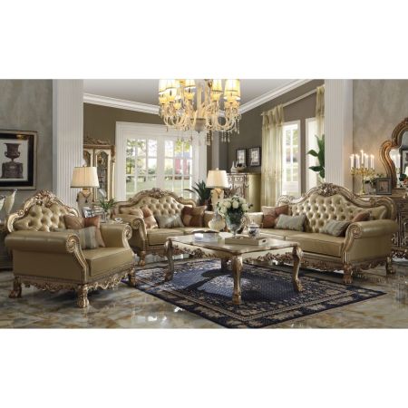 ACME Dresden Sofa W/4 Pillows Bone Synthetic Leather & Gold Patina Finish