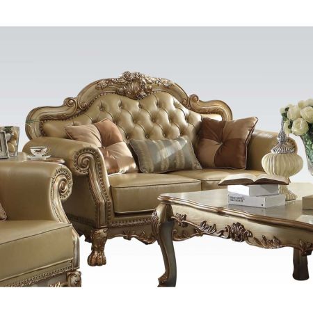 ACME Dresden Loveseat W/3 Pillows Bone Synthetic Leather & Gold Patina Finish