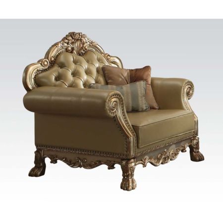 ACME Dresden Chair W/2 Pillows Bone Synthetic Leather & Gold Patina Finish