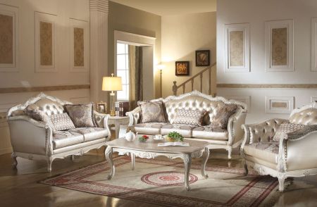 ACME Chantelle Sofa W/3 Pillows Rose Gold Synthetic Leather /Fabric & Pearl White Finish