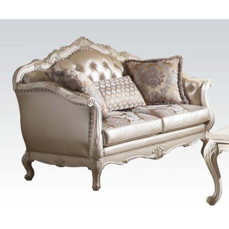 ACME Chantelle Loveseat W/3 Pillows Rose Gold Synthetic Leather /Fabric & Pearl White Finish