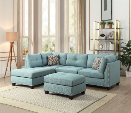 ACME Laurissa Sectional Sofa & Ottoman W/2 Pillows Light Teal Linen