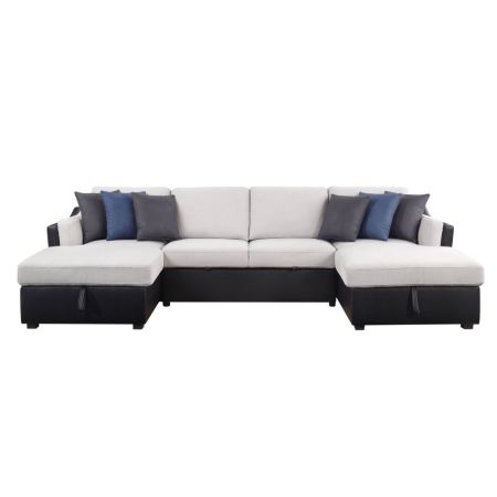 ACME Merill Sectional Sofa W/Sleeper & 6 Pillows Beige Fabric & Black Synthetic Leather