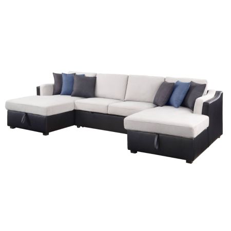 ACME Merill Sectional Sofa W/Sleeper & 6 Pillows Beige Fabric & Black Synthetic Leather