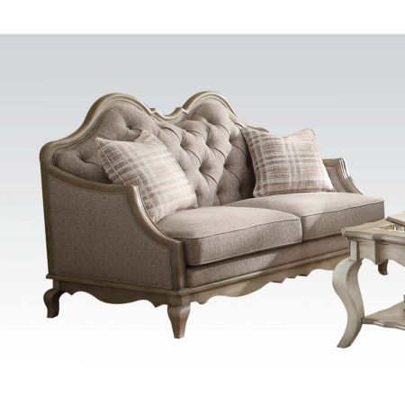 ACME Chelmsford Loveseat W/2 Pillows Beige Fabric & Antique Taupe Finish