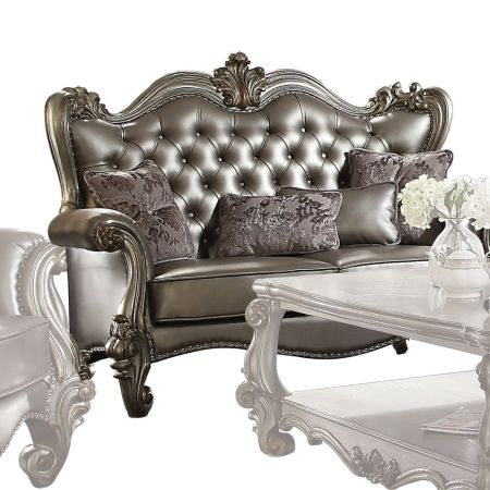 ACME Versailles Loveseat W/4 Pillows Silver Synthetic Leather & Antique Platinum Finish