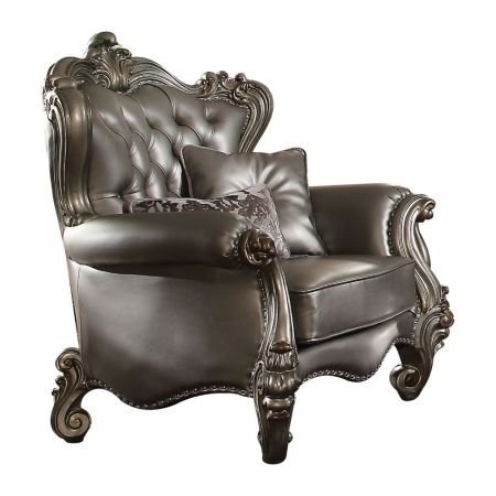 ACME Versailles Chair W/2 Pillows Silver Synthetic Leather & Antique Platinum Finish