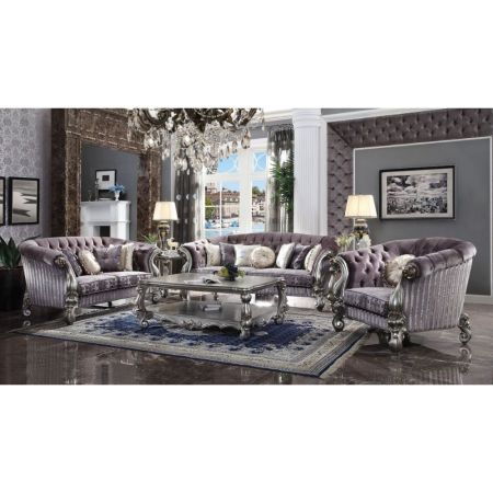 ACME Versailles Sofa W/7 Pillows Velvet & Antique Platinum