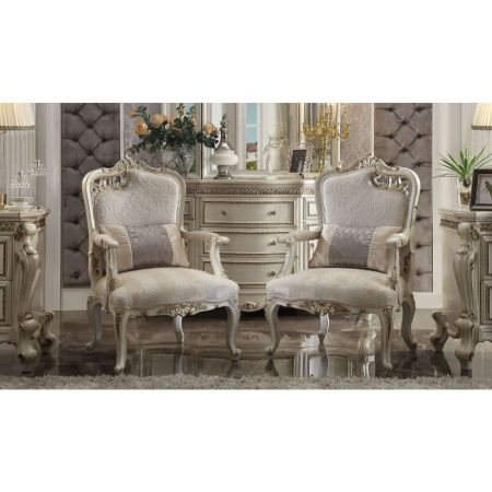 ACME Picardy Chair W/Pillow (Rf Leaf) Fabric & Antique Pearl Finish