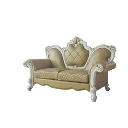 ACME Picardy Loveseat W/3 Pillows Butterscotch Synthetic Leather & Antique Pearl Finish