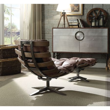 ACME Gandy Chair & Ottoman Retro Brown Top Grain Leather