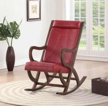 ACME Triton Rocking Chair Burgundy Synthetic Leather & Walnut Finish