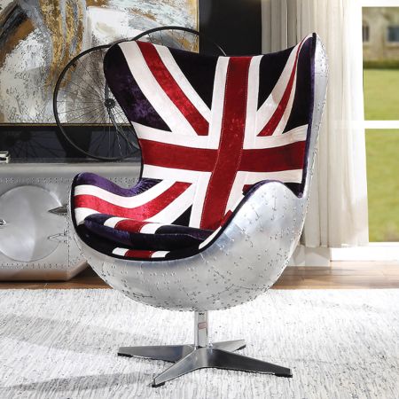 ACME Brancaster British Flag Accent Chair W/Swivel Pattern Fabric & Aluminum