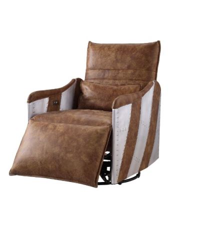 ACME Qalurne Power Motion Recliner W/Swivel Two Tone Mocha Top Grain Leather & Aluminum