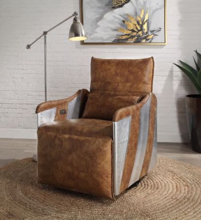 ACME Qalurne Power Motion Recliner W/Swivel Two Tone Mocha Top Grain Leather & Aluminum