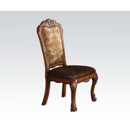 ACME Dresden Side Chair (Set-2) Vintage Synthetic Leather Seat & Floral Fabric Back & Cherry Oak Finish