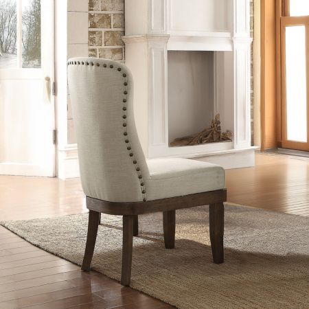 Acme Landon Side Chair (Set-2) Beige Linen & Salvage Brown Finish