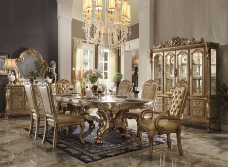 ACME Dresden Dining Table W/2 Leaves Gold Patina & Bone Finish