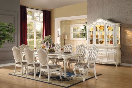 ACME Chantelle Dining Table Marble Top & Pearl White Finish