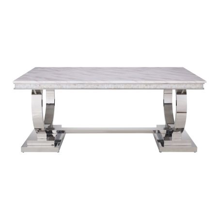 ACME Zander Dining Table White Printed Faux Marble Top & Mirrored Silver Finish