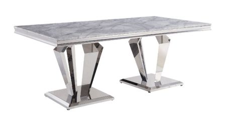 ACME Satinka Dining Table Light Gray Printed Faux Marble Top & Mirrored Silver Finish