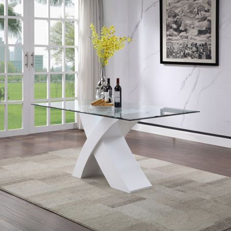 ACME Pervis Dining Table Clear Glass Top & White High Gloss Finish