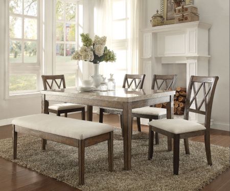 ACME Claudia Dining Table Marble Top & Salvage Brown Finish