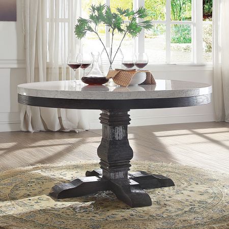 ACME Nolan Round Dining Table White Marble Top & Salvage Dark Oak Finish