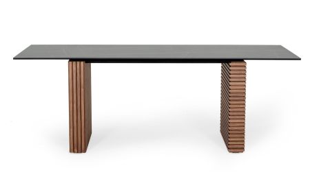 Modrest Maggie - Modern Walnut and Black Ceramic Top Dining Table