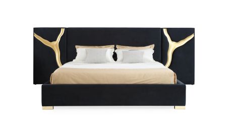 Modrest Aspen - Eastern King Glam Black Velvet & Gold Bed