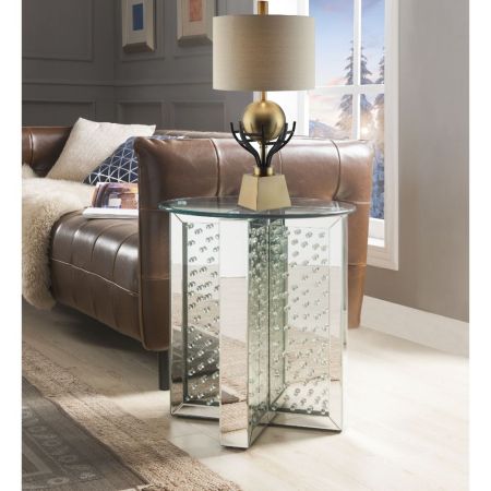 ACME Nysa End Table Mirrored & Faux Crystals