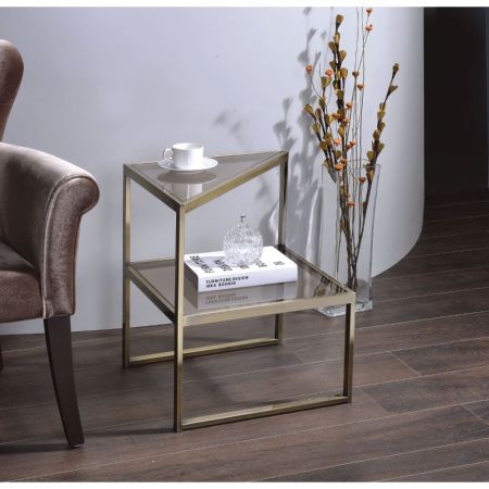 ACME Treva Accent Table Smoky Glass & Antique Gold Finish