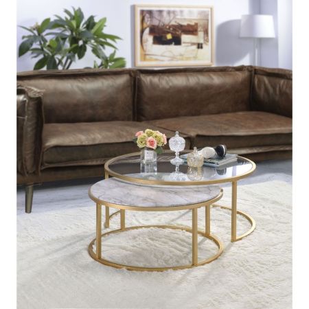 ACME Shanish Nesting Table Set Faux Marble Top & Gold Finish