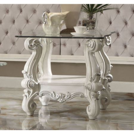 ACME Versailles End Table Clear Glass & Bone White Finish