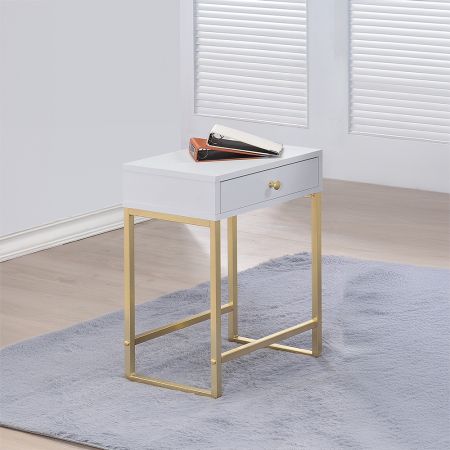 ACME Coleen Accent Table White & Brass Finish