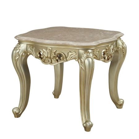 ACME Gorsedd End Table W/Marble Top Marble Top & Golden Ivory Finish