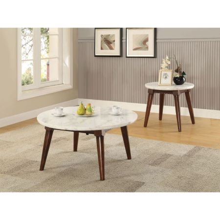 ACME Gasha Coffee Table White Marble Top & Walnut Finish