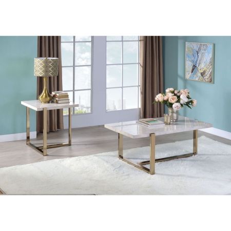 ACME Feit End Table Faux Marble Top & Champagne Finish