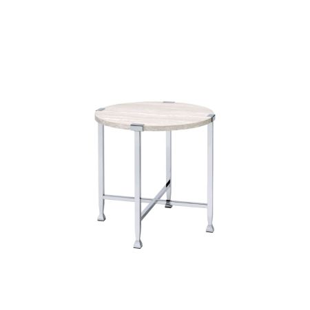 ACME Brecon End Table White Oak & Chrome Finish