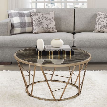 ACME Cicatrix Coffee Table Faux Black Marble Glass Top & Champagne Finish