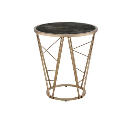 ACME Cicatrix End Table Faux Black Marble Glass Top & Champagne Finish