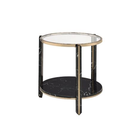 ACME Thistle End Table Clear Glass Faux Black Marble Top & Champagne Finish