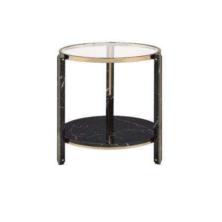 ACME Thistle End Table Clear Glass Faux Black Marble Top & Champagne Finish