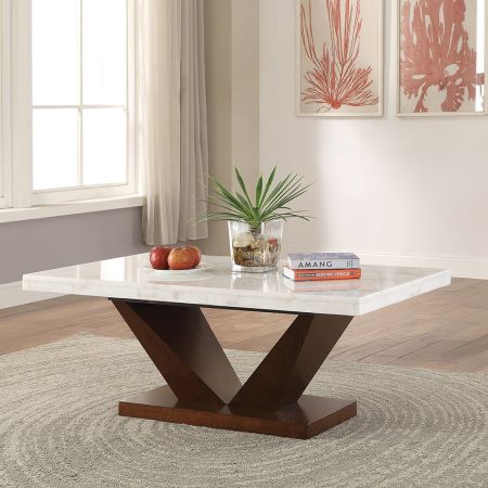 ACME Forbes Coffee Table White Marble Top & Walnut Finish