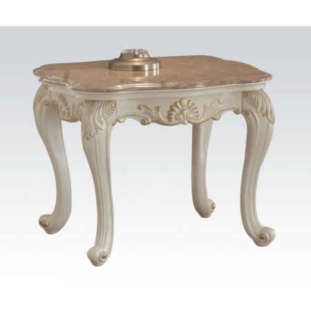 ACME Chantelle End Table W/Marble Top Marble Top & Pearl White Finish