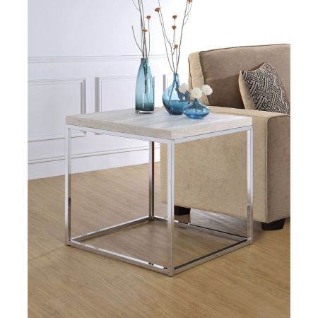 ACME Snyder End Table Engineered Stone Top & Chrome Finish