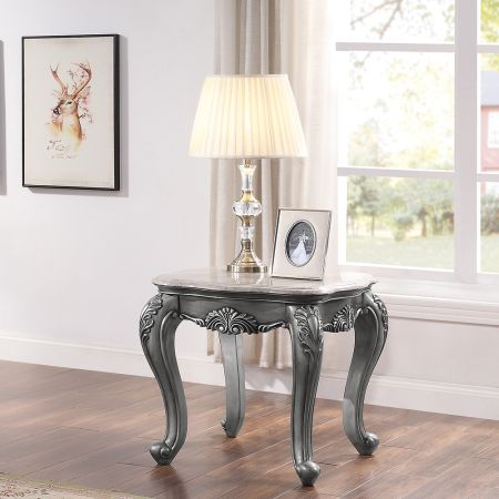 ACME Ariadne End Table Marble Top & Platinum Finish